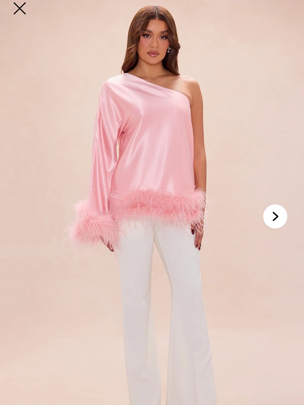 Fashion Nova One-Shoulder Pink Satin Top with Feather Trim